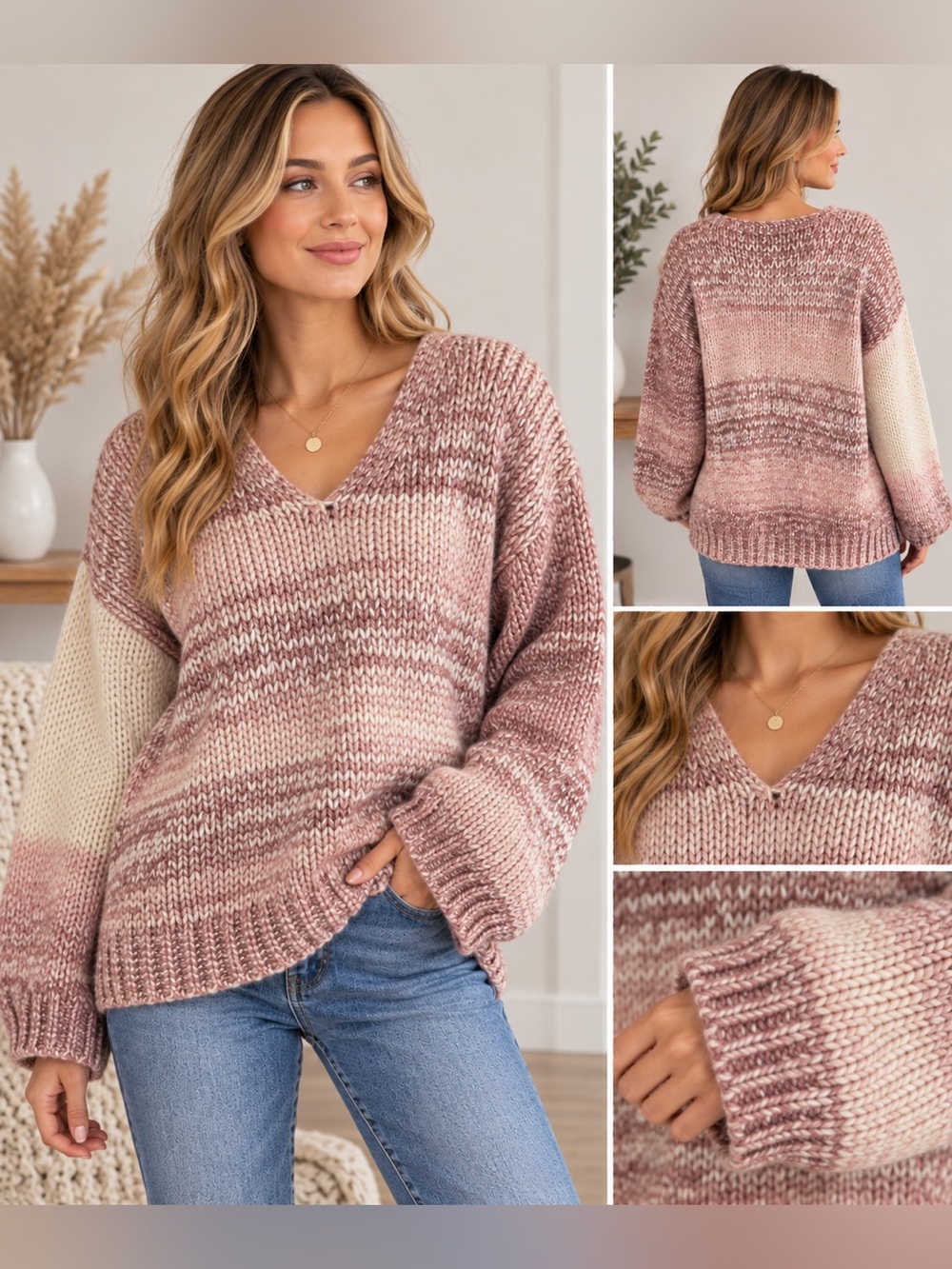 Hem & Thread Chunky Knit V-Neck Sweater Blush Taupe Cream Size L NWT